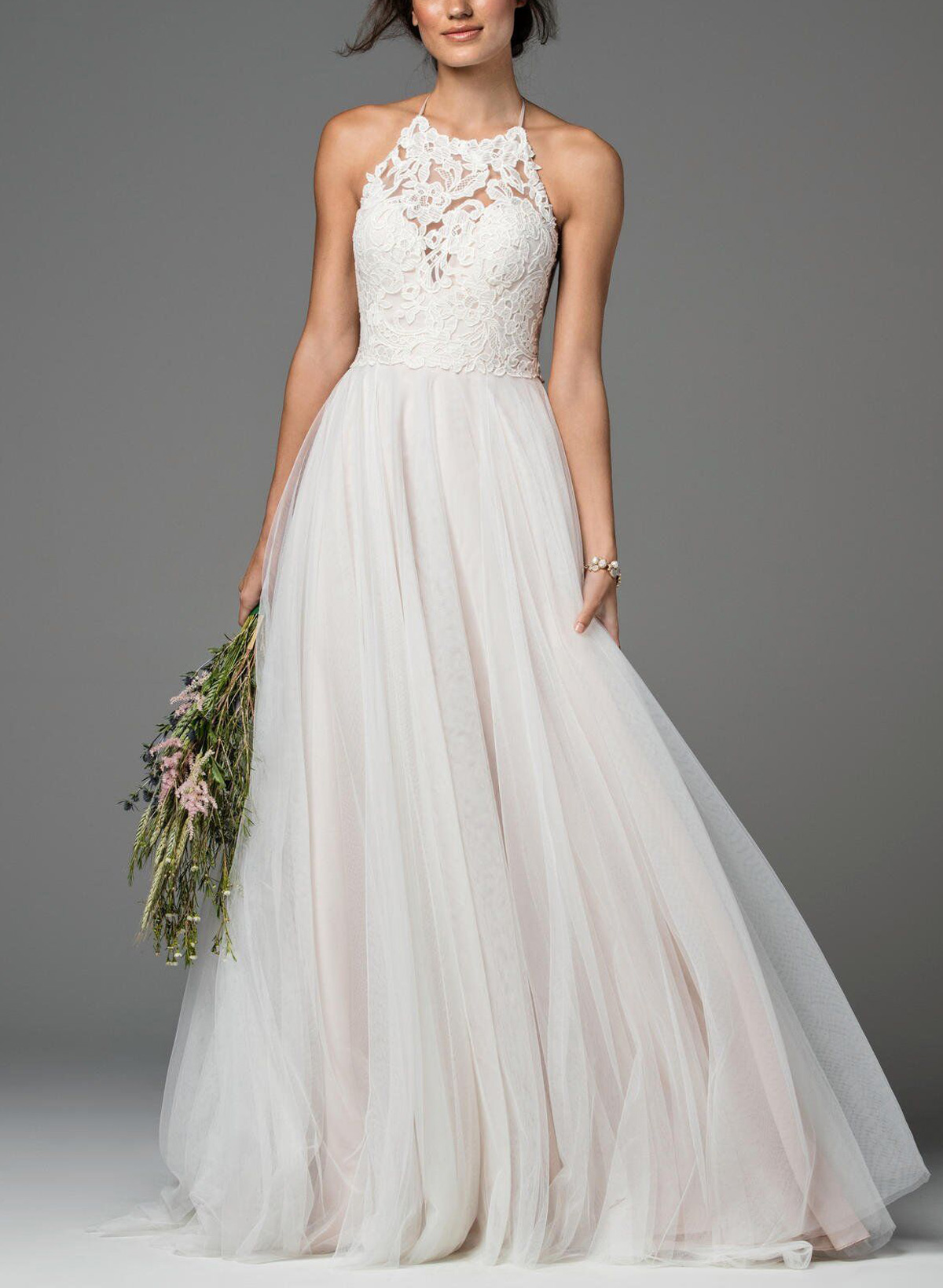 A-Line Halter Sleeveless Sweep Train LaceTulle/Charmeuse With Pockets Bride Wedding Dress