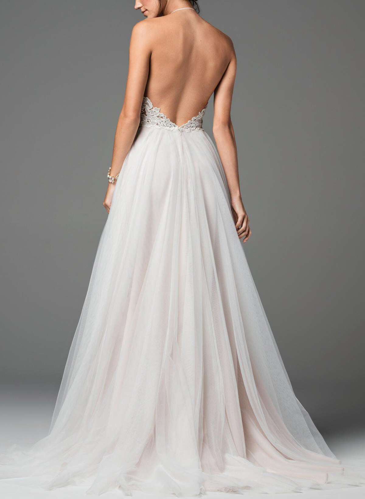 A-Line Halter Sleeveless Sweep Train LaceTulle/Charmeuse With Pockets Bride Wedding Dress