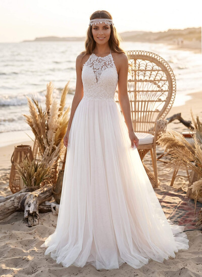 A-Line Halter Sleeveless Sweep Train LaceTulle/Charmeuse With Pockets Bride Wedding Dress
