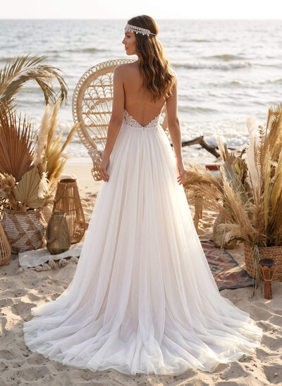 A-Line Halter Sleeveless Sweep Train LaceTulle/Charmeuse With Pockets Bride Wedding Dress