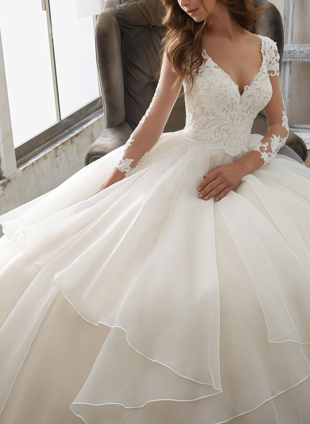 Ball-Gown V-Neck 3/4 Sleeves Court Train Satin/Organza With Appliques Bride Wedding Dress