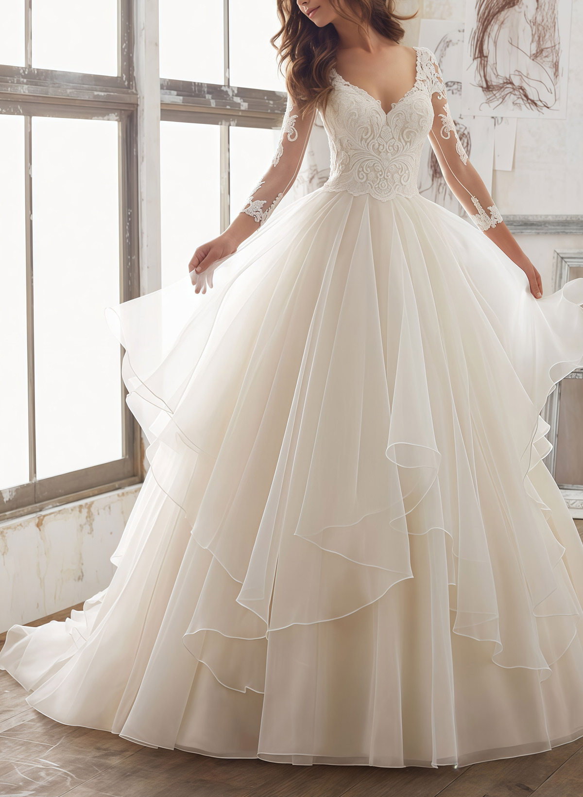 Ball-Gown V-Neck 3/4 Sleeves Court Train Satin/Organza With Appliques Bride Wedding Dress