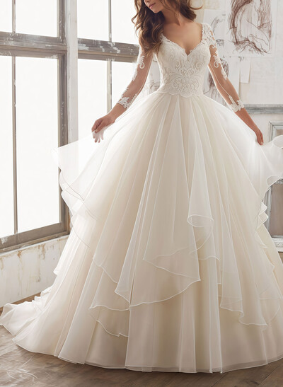 Ball-Gown V-Neck 3/4 Sleeves Court Train Satin/Organza With Appliques Bride Wedding Dress