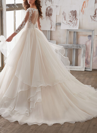 Ball-Gown V-Neck 3/4 Sleeves Court Train Satin/Organza With Appliques Bride Wedding Dress