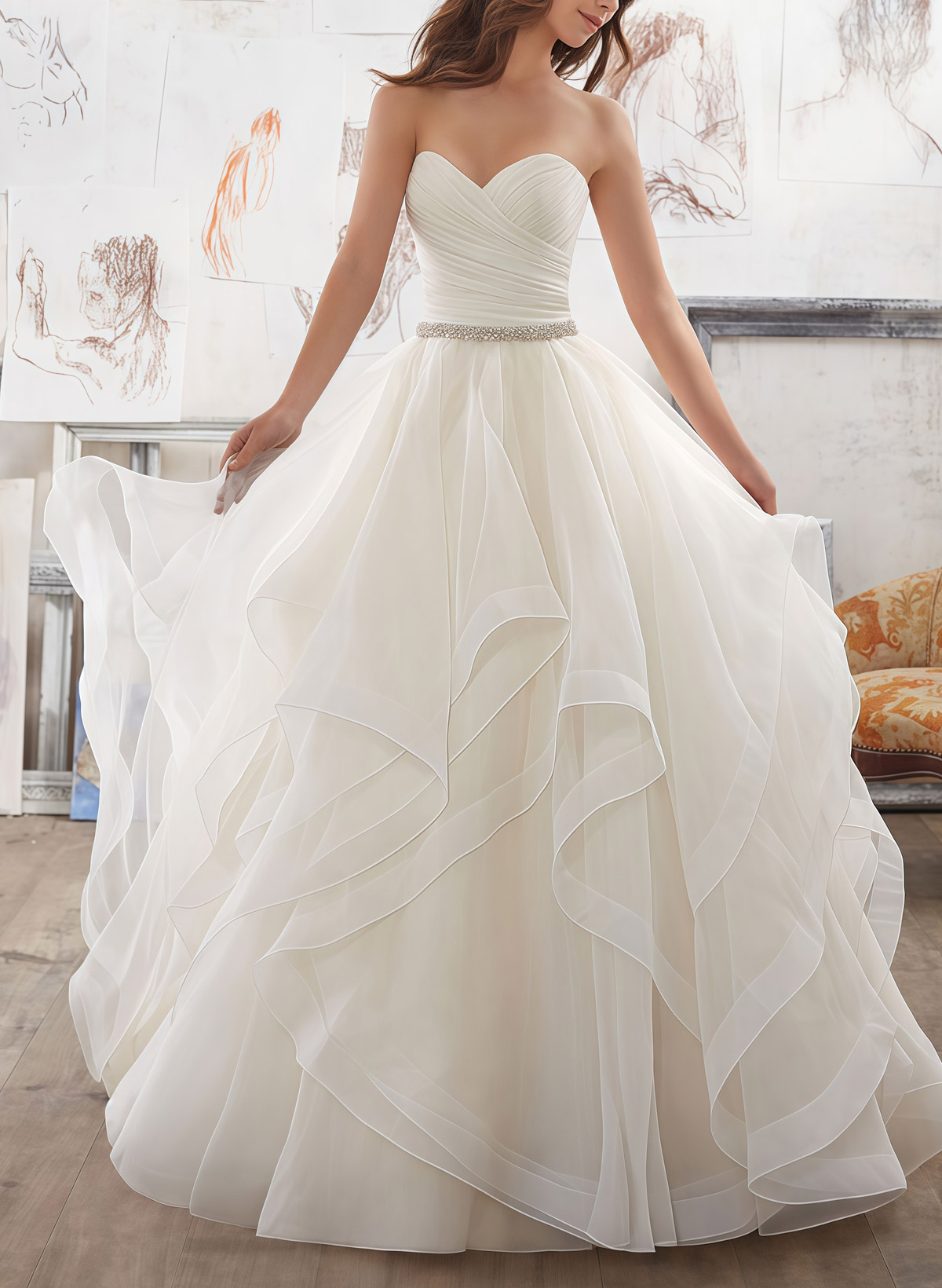 Ball-Gown Sweetheart Sleeveless Chapel Train Satin/Organza Bride Wedding DressWith Cascading Ruffles
