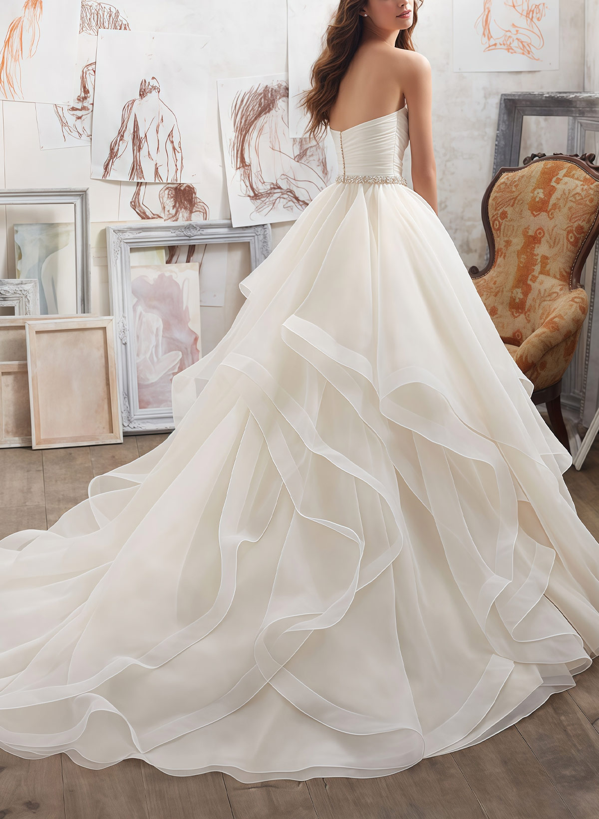 Ball-Gown Sweetheart Sleeveless Chapel Train Satin/Organza Bride Wedding DressWith Cascading Ruffles