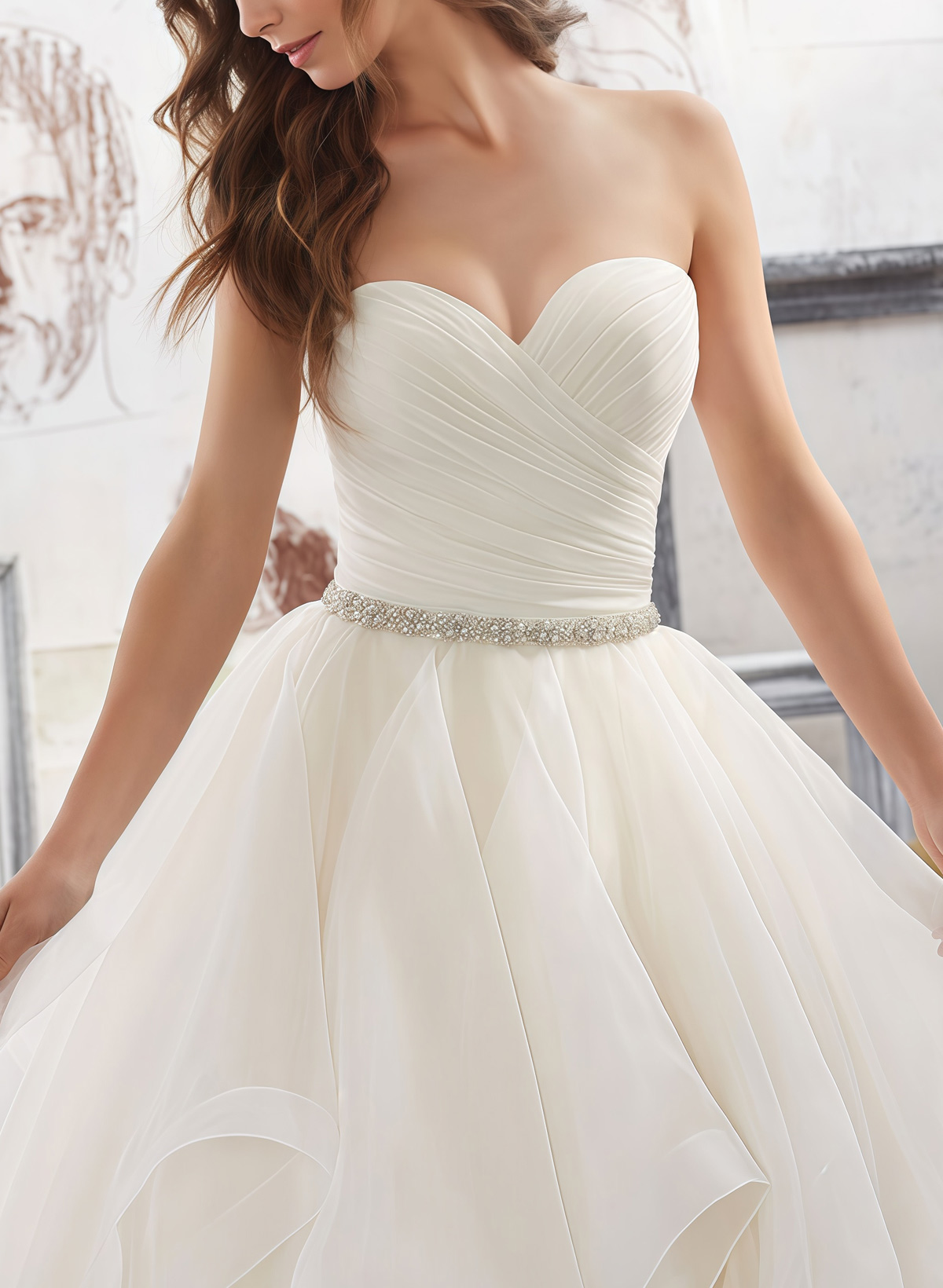 Ball-Gown Sweetheart Sleeveless Chapel Train Satin/Organza Bride Wedding DressWith Cascading Ruffles