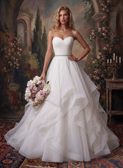 Ball-Gown Sweetheart Sleeveless Chapel Train Satin/Organza Bride Wedding DressWith Cascading Ruffles