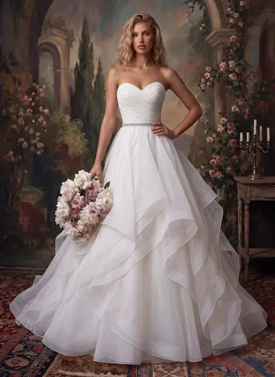 Ball-Gown Sweetheart Sleeveless Chapel Train Satin/Organza Bride Wedding DressWith Cascading Ruffles