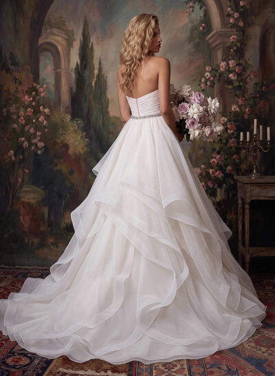 Ball-Gown Sweetheart Sleeveless Chapel Train Satin/Organza Bride Wedding DressWith Cascading Ruffles