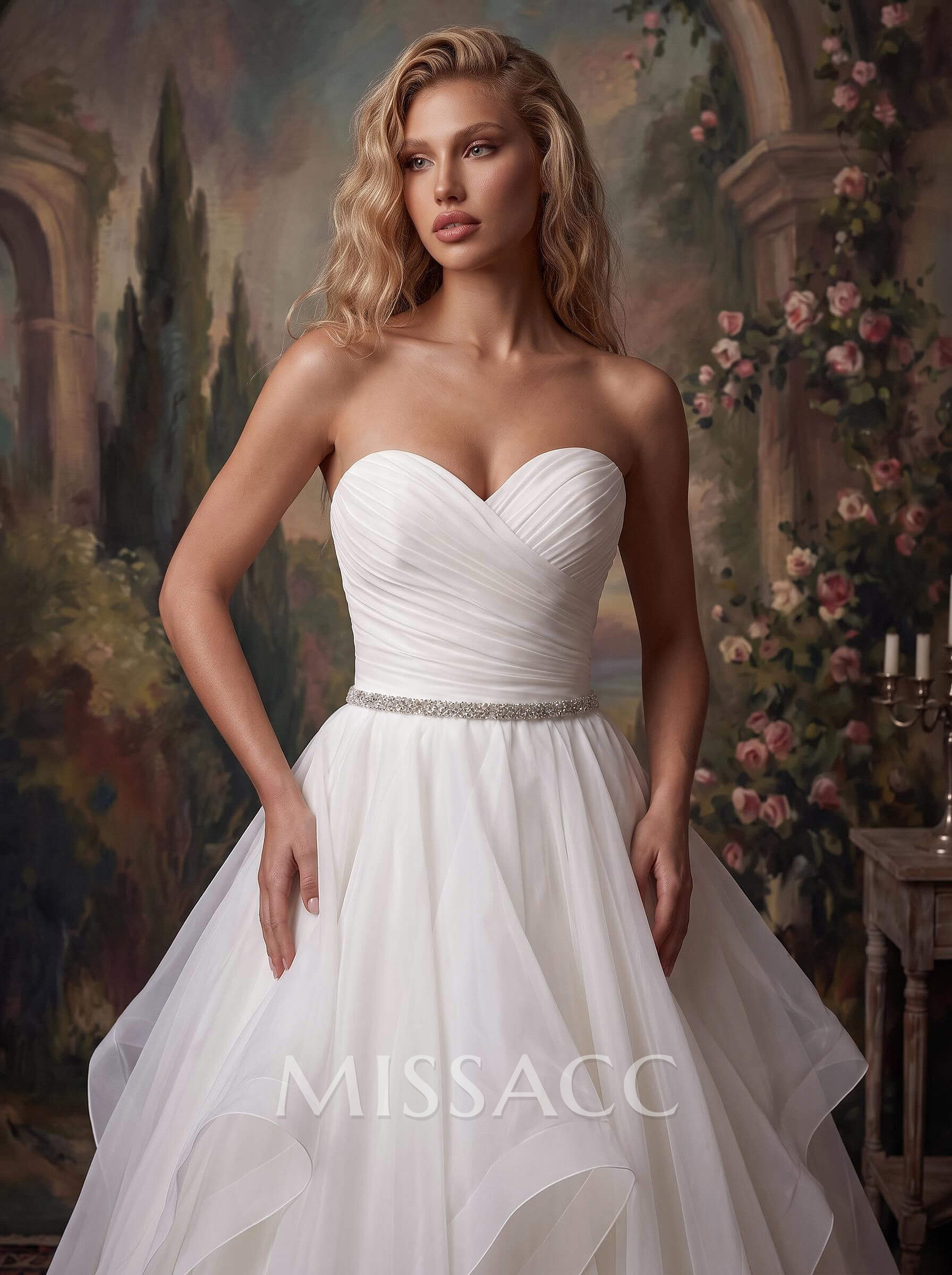 Ball-Gown Sweetheart Sleeveless Chapel Train Satin/Organza Bride Wedding DressWith Cascading Ruffles