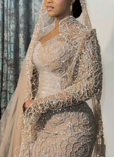 Trumpet/Mermaid Illusion Neck Long Sleeves Sweep Train Lace Wedding Dresses With Beading/Sequins