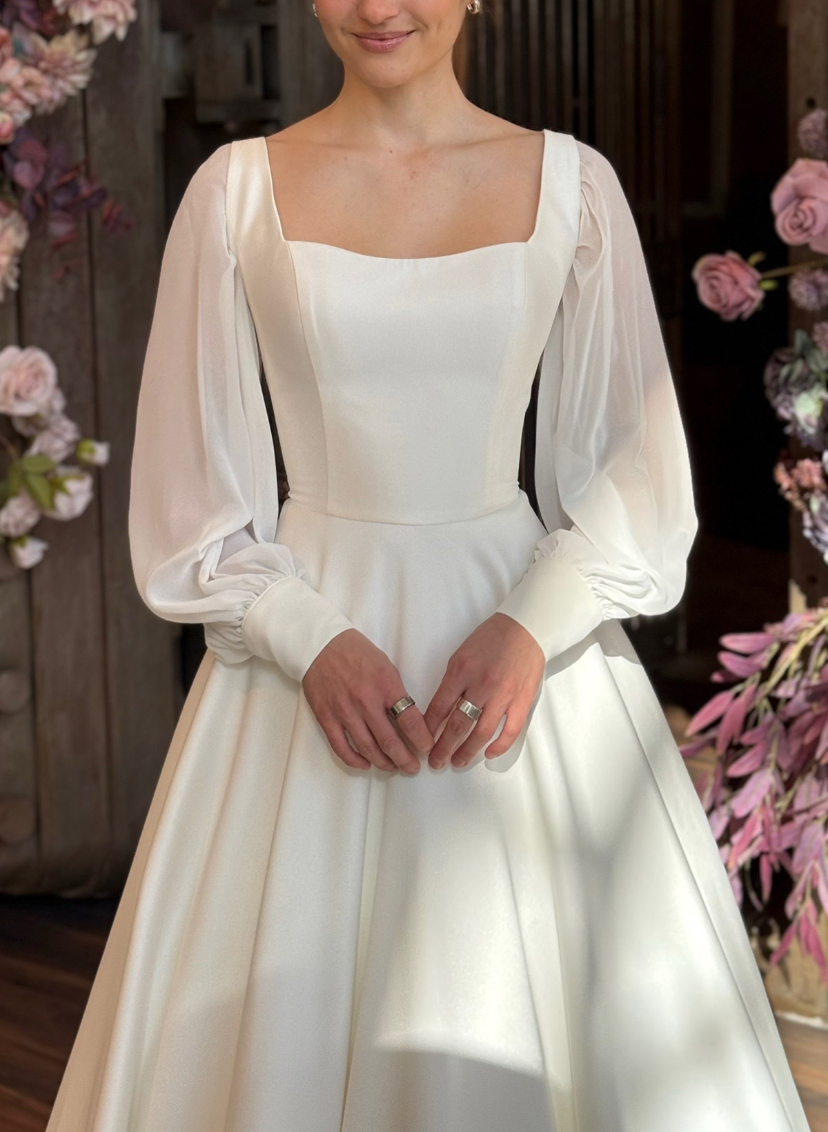 A-Line Square Neckline Long Sleeves Floor-Length Chiffon/Elastic Satin Wedding Dresses