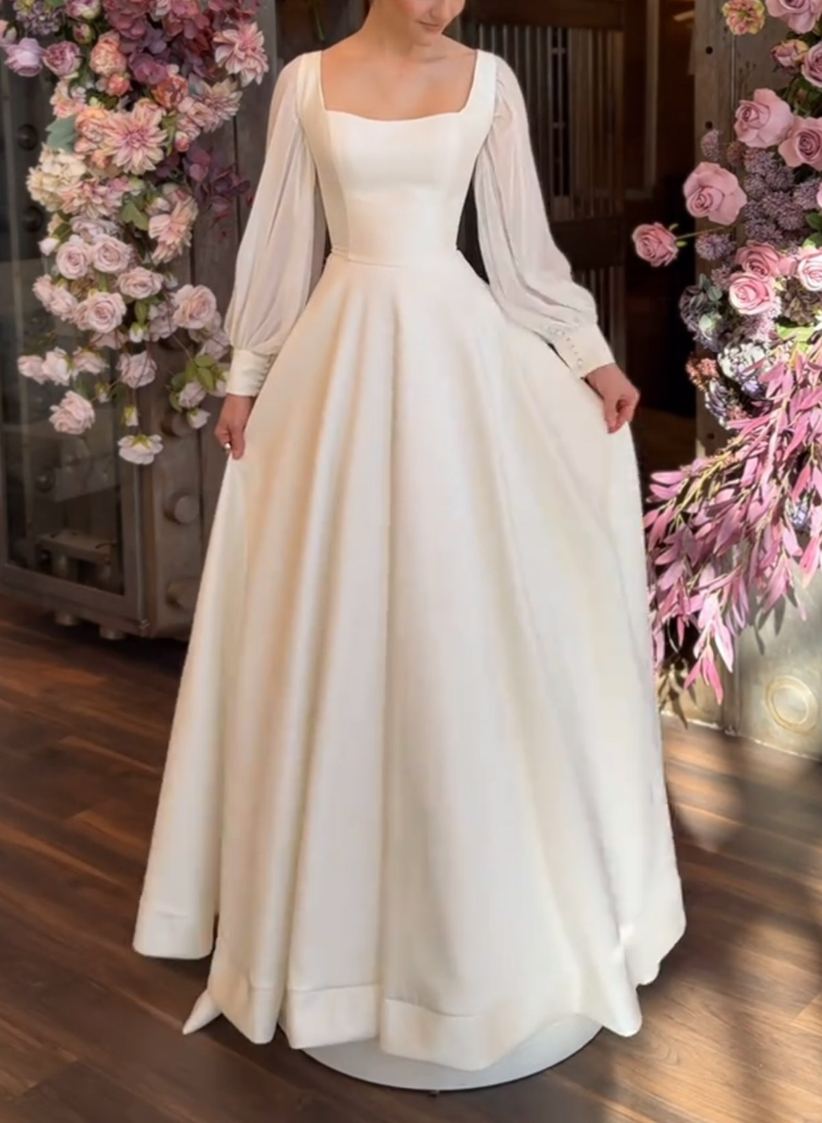 A-Line Square Neckline Long Sleeves Floor-Length Chiffon/Elastic Satin Wedding Dresses