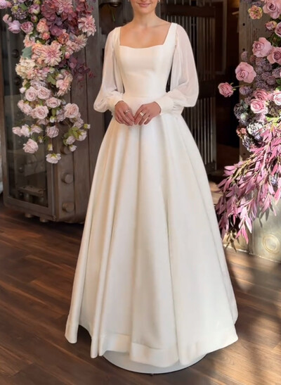A-Line Square Neckline Long Sleeves Floor-Length Chiffon/Elastic Satin Wedding Dresses