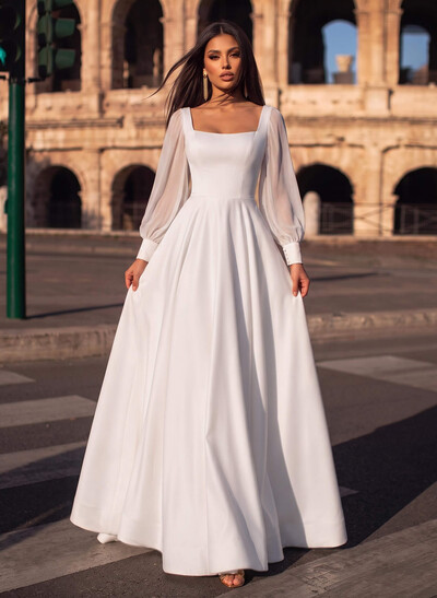 A-Line Square Neckline Long Sleeves Floor-Length Chiffon/Elastic Satin Wedding Dresses