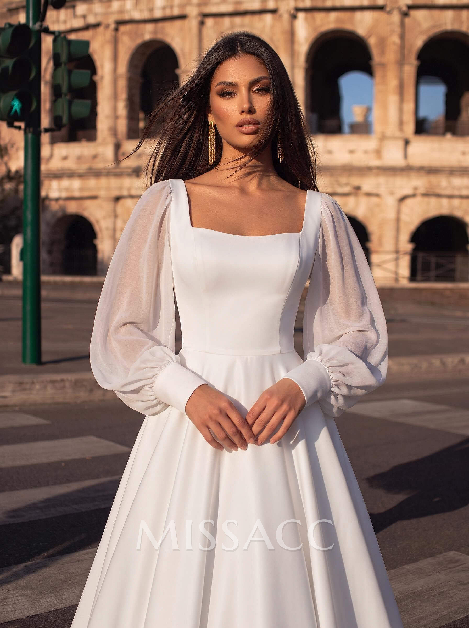 A-Line Square Neckline Long Sleeves Floor-Length Chiffon/Elastic Satin Wedding Dresses A-Line Square Neckline Long Sleeves Floor-Length Chiffon/Elastic Satin Wedding Dresses
