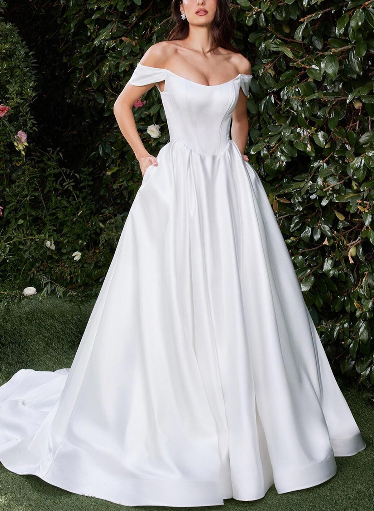 Ball-Gown Off-The-Shoulder Sleeveless Court Train Matte Satin Bride Wedding Dress With Pockets