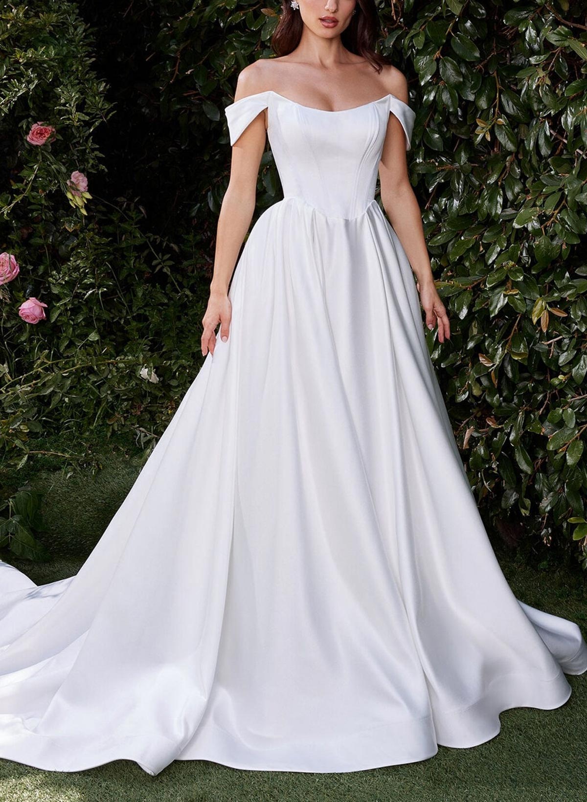 Ball-Gown Off-The-Shoulder Sleeveless Court Train Matte Satin Bride Wedding Dress With Pockets