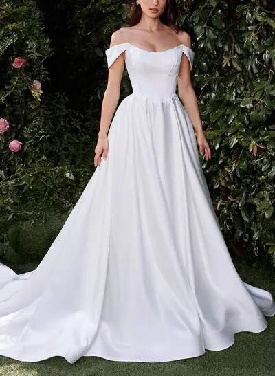 Ball-Gown Off-The-Shoulder Sleeveless Court Train Matte Satin Bride Wedding Dress With Pockets