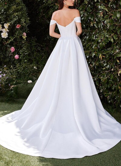 Ball-Gown Off-The-Shoulder Sleeveless Court Train Matte Satin Bride Wedding Dress With Pockets