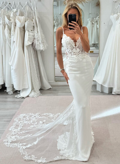 Trumpet/Mermaid Plunge Neck Sleeveless Court Train Elastic Satin Wedding Dresses With Appliques Lace