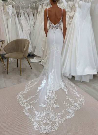 Trumpet/Mermaid Plunge Neck Sleeveless Court Train Elastic Satin Wedding Dresses With Appliques Lace