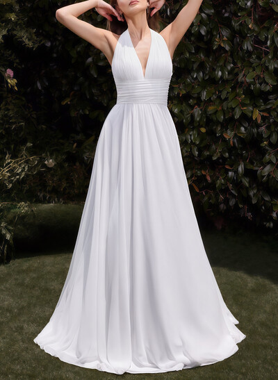 A-Line Halter Sleeveless Sweep Train Chiffon With Pockets Bride Wedding Dress