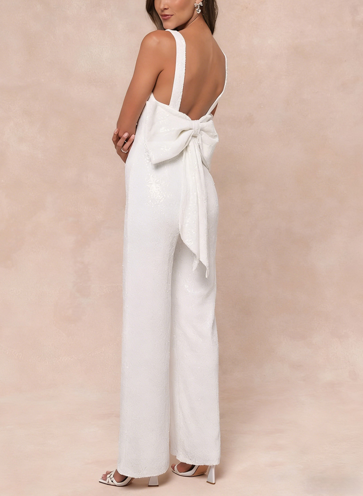 Jumpsuit/Pantsuit V-Neck Sleeveless Floor-Length Stretch Chiffon With Bow(s)/Sequins Bride Wedding Dress