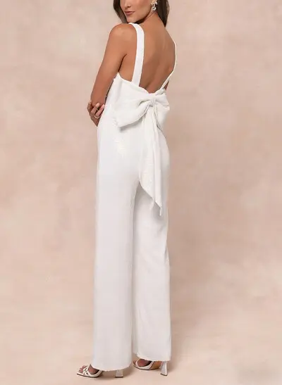 Jumpsuit/Pantsuit V-Neck Sleeveless Floor-Length Sequined With Bow(s) Bride Wedding Dress