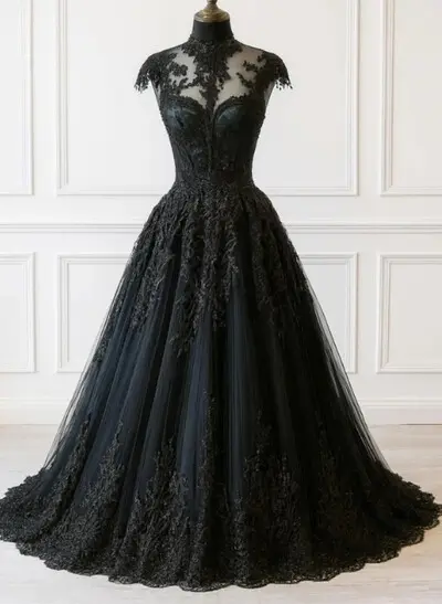 A-Line High Neck Sleeveless Sweep Train Satin/Tulle Wedding Dresses With Appliques Lace