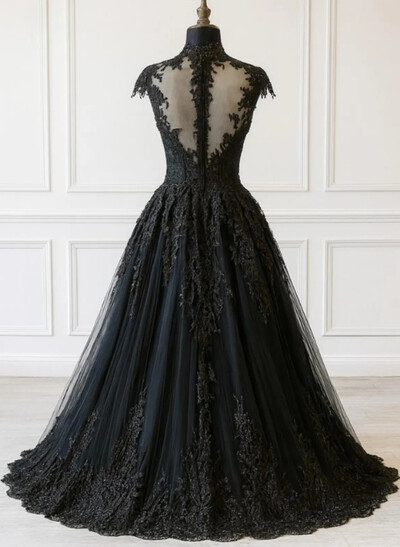 A-Line High Neck Sleeveless Floor-Length Satin/Tulle Wedding Dresses With Appliques Lace