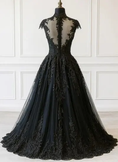 A-Line High Neck Sleeveless Sweep Train Satin/Tulle Wedding Dresses With Appliques Lace