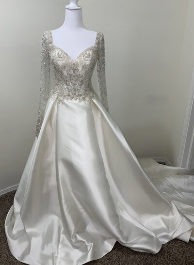 Ball-Gown Sweetheart Long Sleeves Court Train Wedding Dresses With Beading