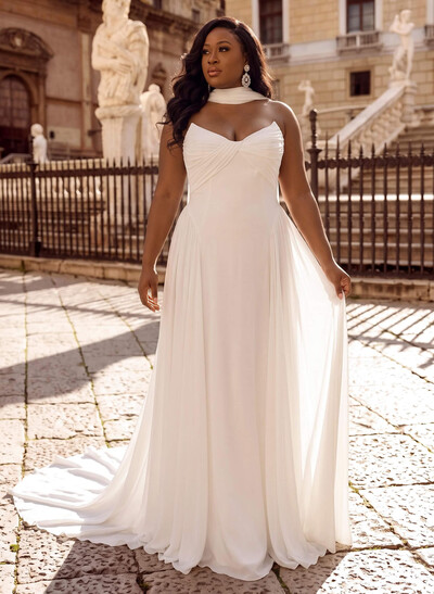 A-Line Sweetheart Sleeveless Sweep Train Chiffon With Pleated Bride Wedding Dress
