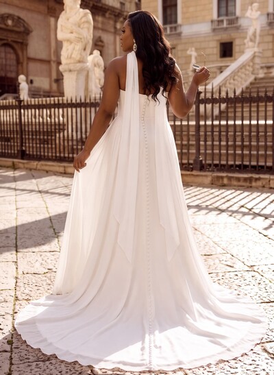 A-Line Sweetheart Sleeveless Sweep Train Chiffon With Pleated Bride Wedding Dress