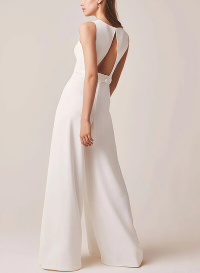 Jumpsuit/Pantsuit Scoop Neck Sleeveless Floor-Length Italian Satin With Pockets Bride Wedding Dress