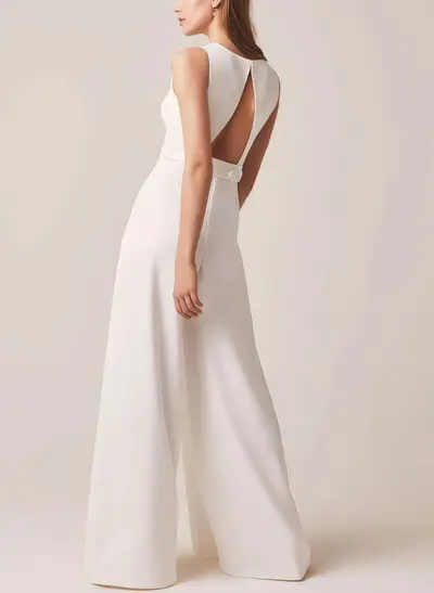 Jumpsuit/Pantsuit Scoop Neck Sleeveless Floor-Length Italian Satin With Pockets Bride Wedding Dress