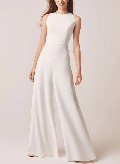 Jumpsuit/Pantsuit Scoop Neck Sleeveless Floor-Length Italian Satin With Pockets Bride Wedding Dress