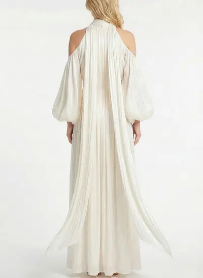 A-Line Halter Long Sleeves Floor-Length With Pleated Bride Wedding Dress