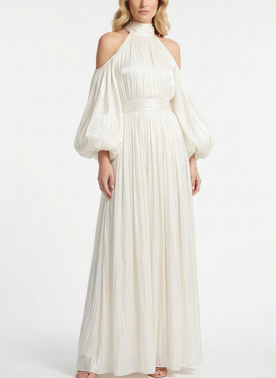 A-Line Halter Long Sleeves Floor-Length With Pleated Bride Wedding Dress