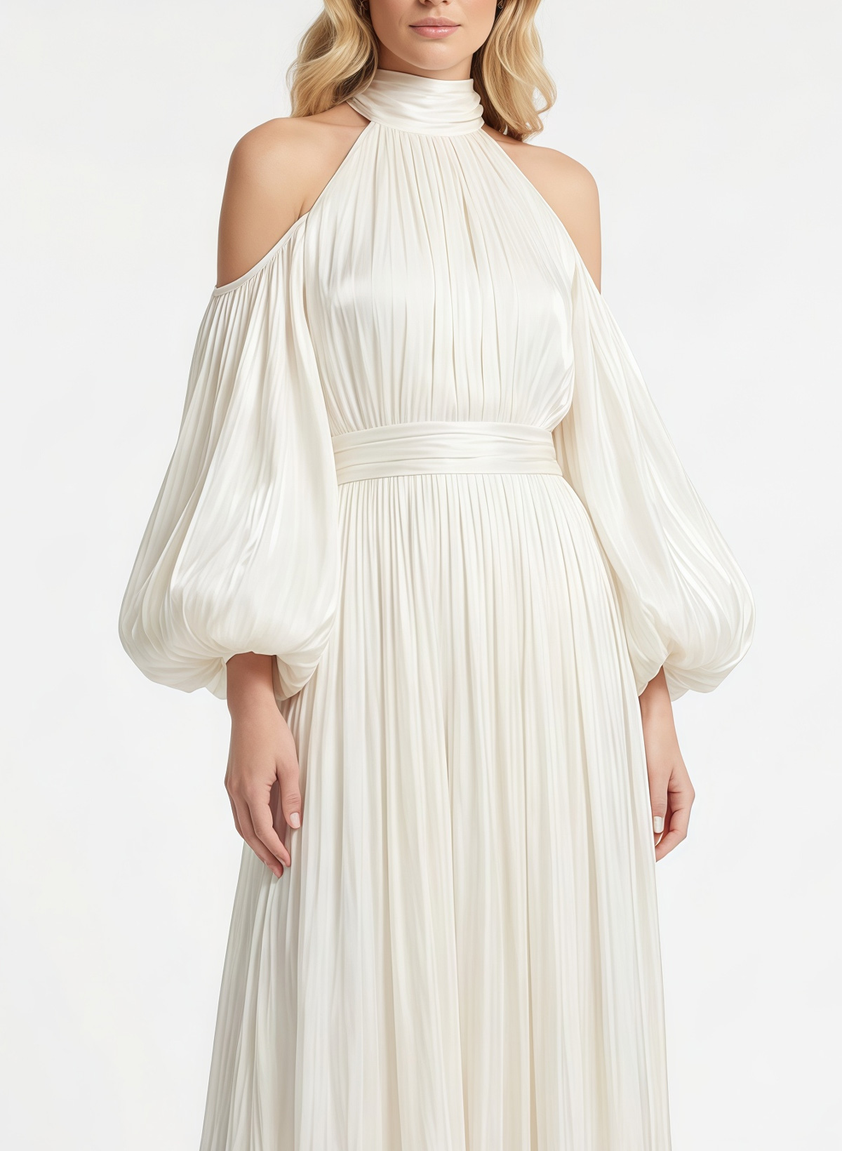 A-Line Halter Long Sleeves Floor-Length With Pleated Bride Wedding Dress