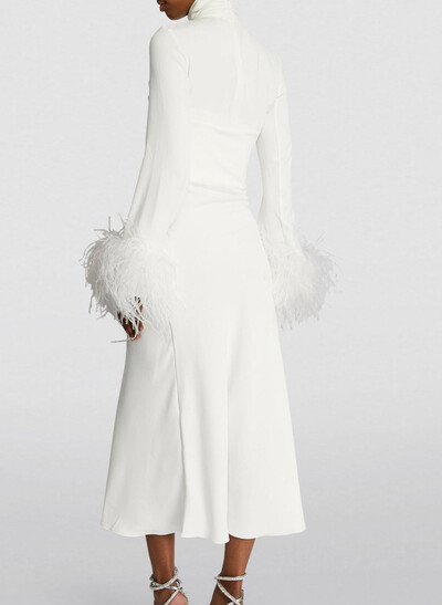 A-Line High Neck Long Sleeves Ankle-Length Crepe Satin Bride Wedding Dress