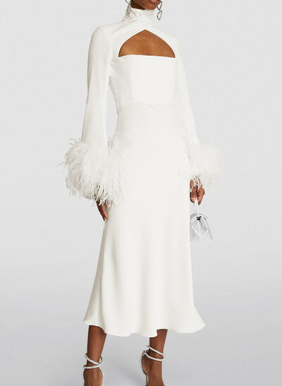 A-Line High Neck Long Sleeves Ankle-Length Crepe Satin Bride Wedding Dress