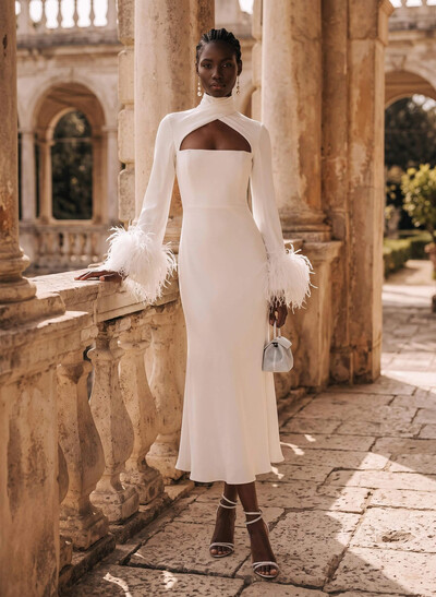 A-Line High Neck Long Sleeves Ankle-Length Crepe Satin Bride Wedding Dress