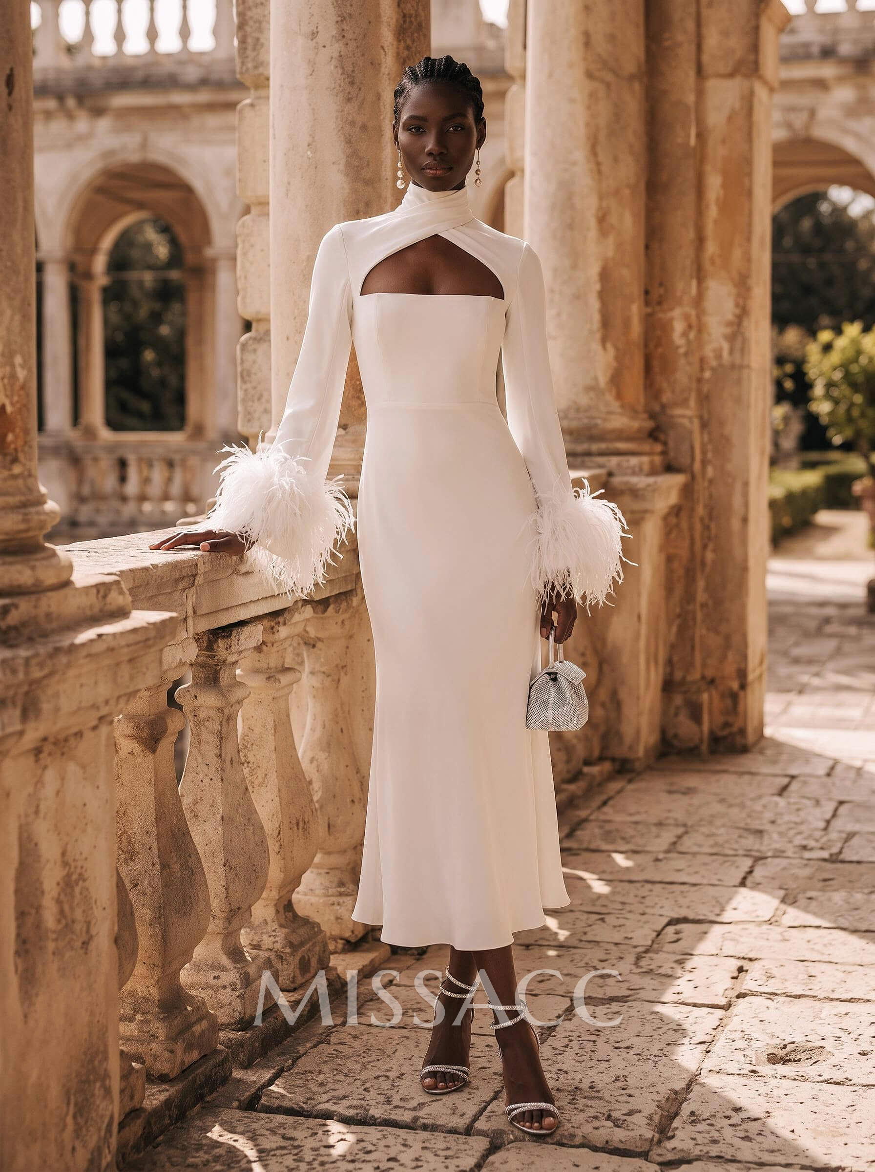 A-Line High Neck Long Sleeves Ankle-Length Crepe Satin Bride Wedding Dress