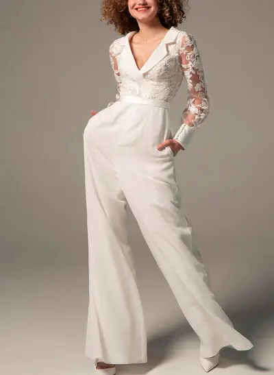 Jumpsuit/Pantsuit V-Neck Long Sleeves Floor-Length Chiffon With Pocket Bride Wedding Dress