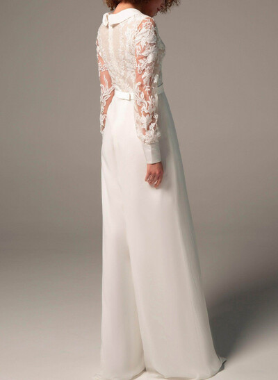 Jumpsuit/Pantsuit V-Neck Long Sleeves Floor-Length Chiffon With Pocket Bride Wedding Dress