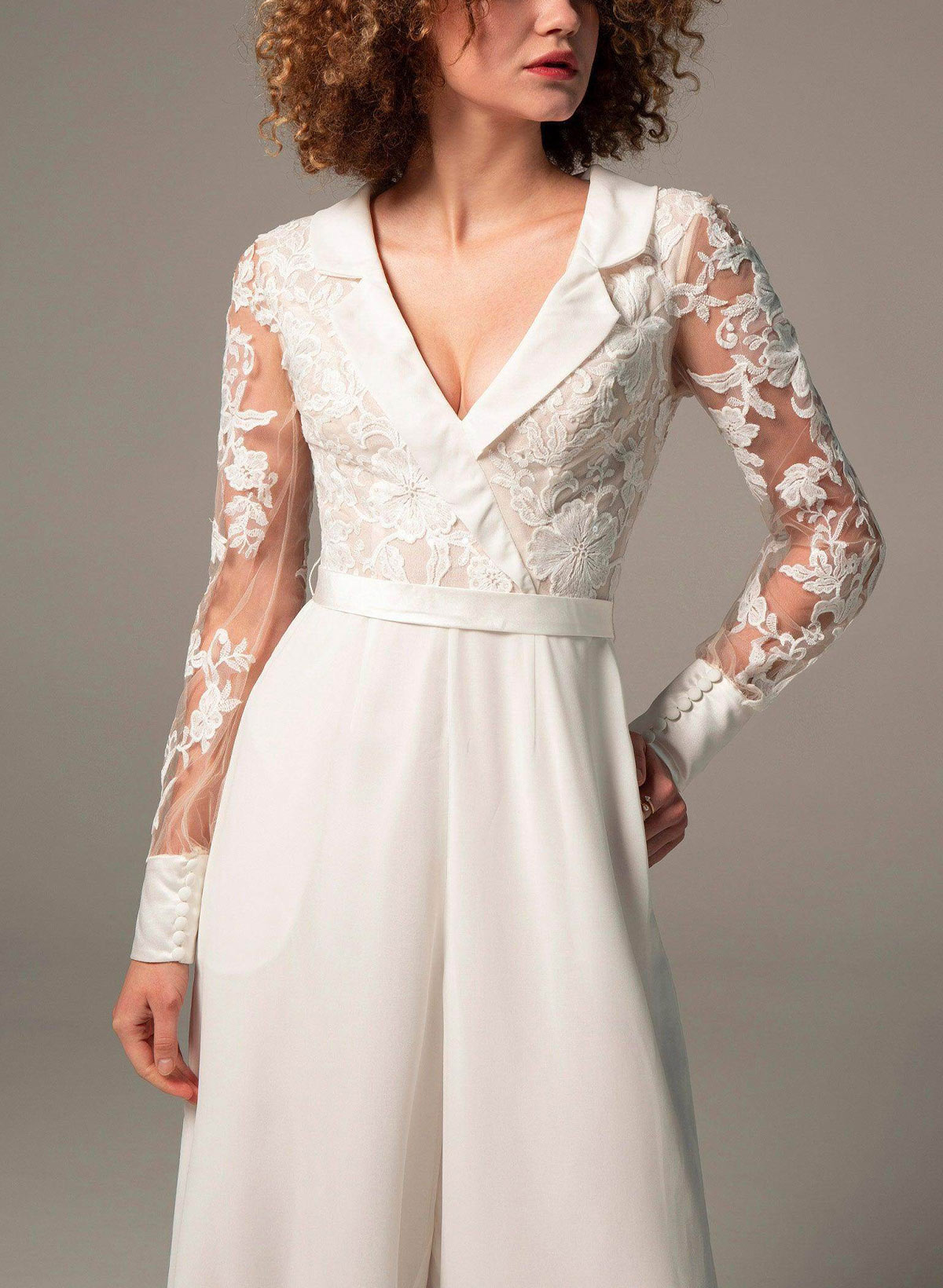 Jumpsuit/Pantsuit V-Neck Long Sleeves Floor-Length Chiffon With Pocket Bride Wedding Dress