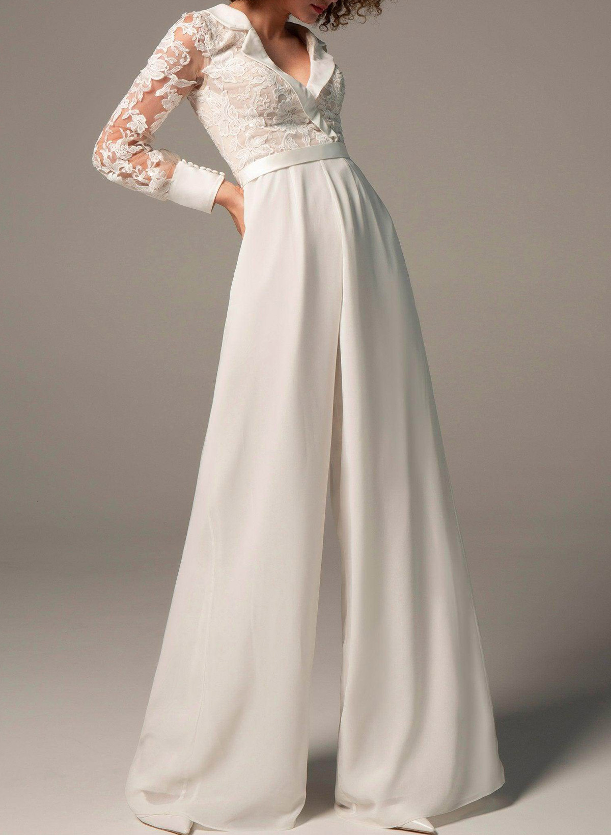 Jumpsuit/Pantsuit V-Neck Long Sleeves Floor-Length Chiffon With Pocket Bride Wedding Dress